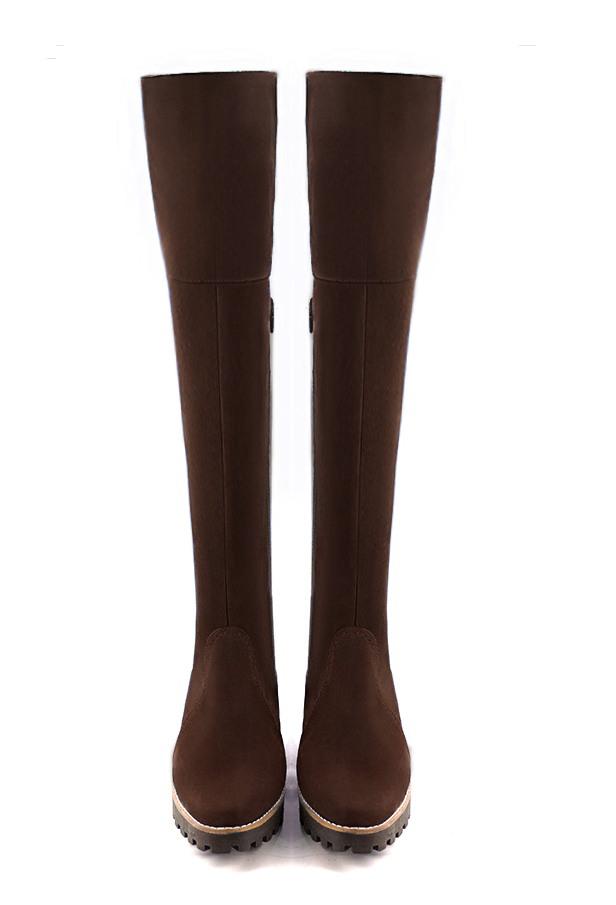 Dark brown women's leather thigh-high boots. Round toe. Low rubber soles. Made to measure. Top view - Florence KOOIJMAN
